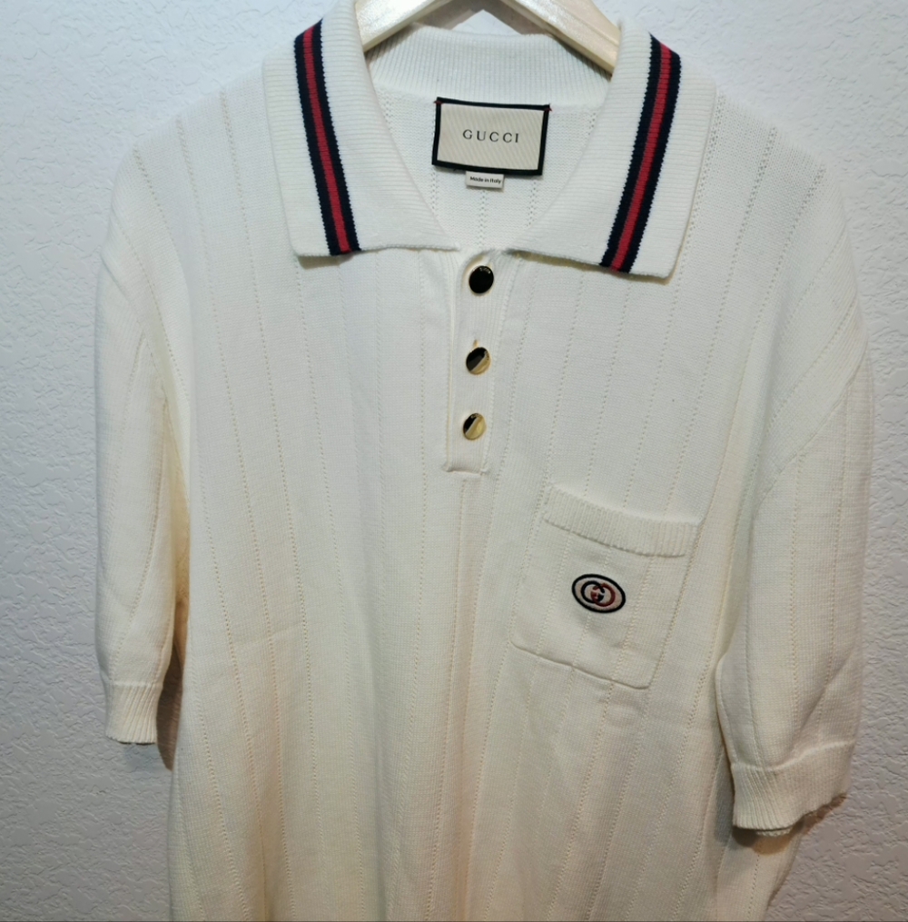 Gucci 100% Cotton Lace Knit Mens Polo T-Shirt XL